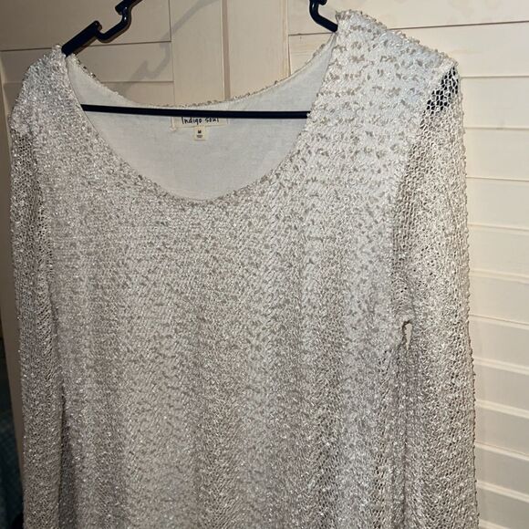 Indigo soul open knit sweater with lace bottom size medium - Picture 3 of 7